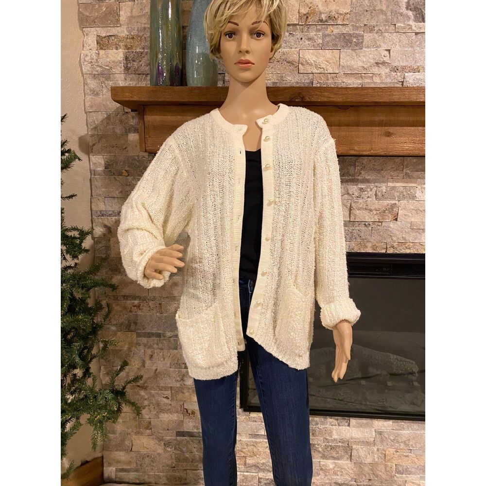 CLAUDIA BARNES Vintage 1960's-70's Cableknit Cardigan Sweater IVORY Sz 38/18W